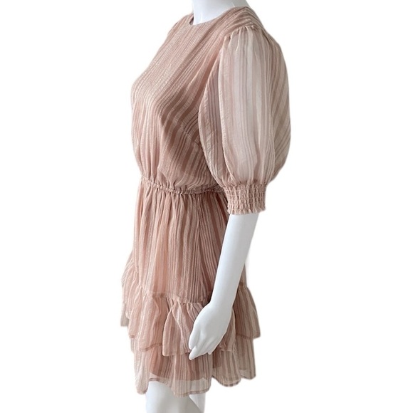 A. Calin by Flying Tomato pink ivory stripes puff sleeves layered ruffle dress S - Picture 3 of 9